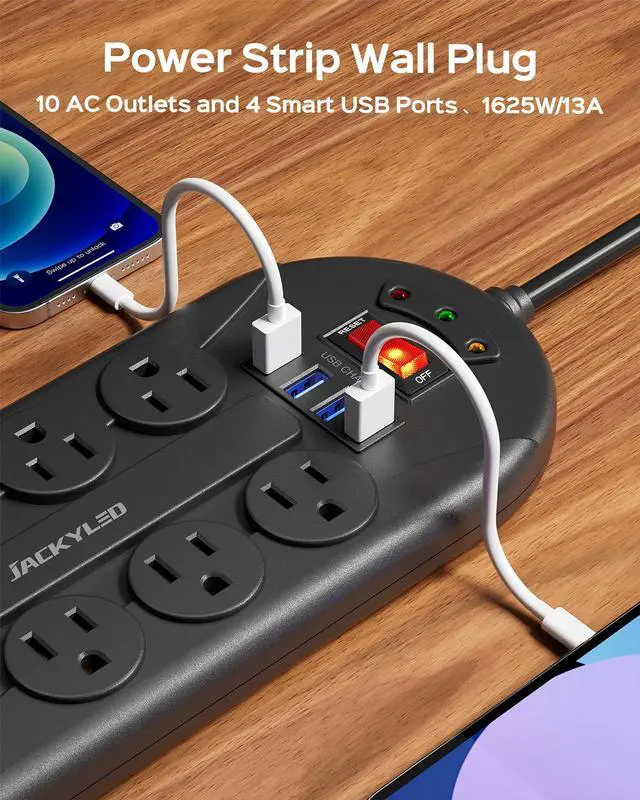 Alt view image 2 of 6 - JACKYLED Surge Protector  Power Strip 10 AC 4 USB Ports Power Outlet Strip 6Ft Extension Cord