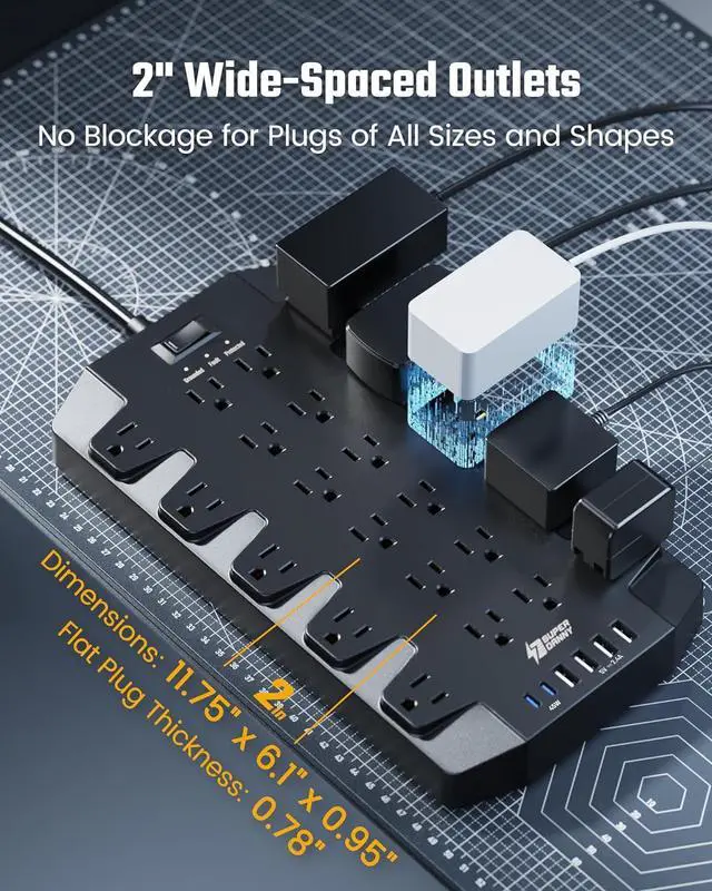 Alt view image 3 of 7 - SUPERDANNY Power Strip Surge Protector 45W PD USB-C Fast Charging 22 AC Outlet 6.5ft Extension Cord