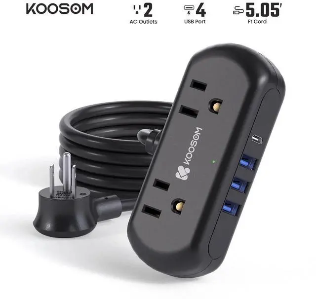 Alt view image 8 of 13 - SUPERDANNY Mini Power Strip Surge Protector with USB Ports 2 Wide-Spaced Outlets 5 Ft Extension Cord Flat Plug