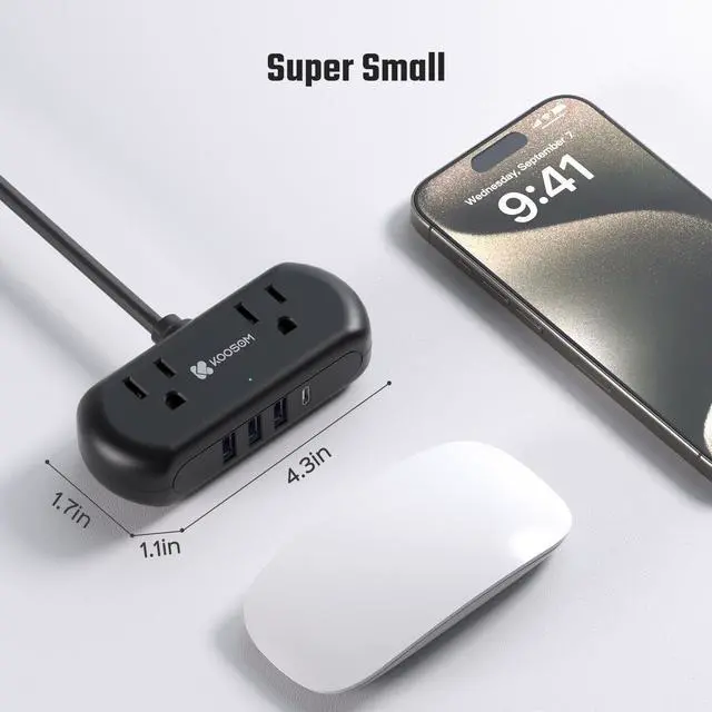 Alt view image 13 of 13 - SUPERDANNY Mini Power Strip Surge Protector with USB Ports 2 Wide-Spaced Outlets 5 Ft Extension Cord Flat Plug