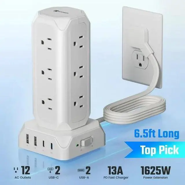 Main image of SUPERDANNY 12-Outlet Surge Protector Power Strip Tower,1700 Joule Charging Station with 12 AC Outlets, 4 USB Ports, 6.5ft Extension Cord for Home Office