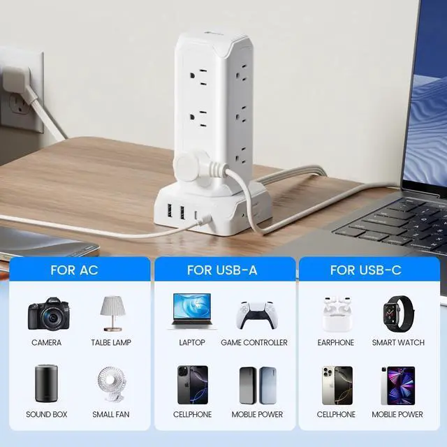 Alt view image 4 of 7 - SUPERDANNY 12-Outlet Surge Protector Power Strip Tower,1700 Joule Charging Station with 12 AC Outlets, 4 USB Ports, 6.5ft Extension Cord for Home Office