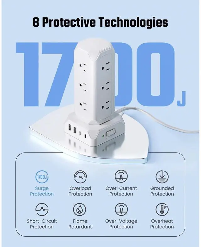 Alt view image 7 of 7 - SUPERDANNY 12-Outlet Surge Protector Power Strip Tower,1700 Joule Charging Station with 12 AC Outlets, 4 USB Ports, 6.5ft Extension Cord for Home Office