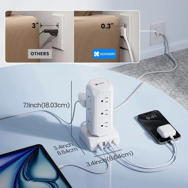 Alt view image 5 of 7 - SUPERDANNY 12-Outlet Surge Protector Power Strip Tower,1700 Joule Charging Station with 12 AC Outlets, 4 USB Ports, 6.5ft Extension Cord for Home Office