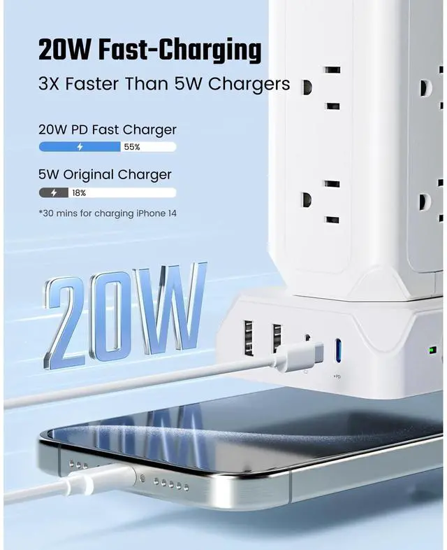 Alt view image 8 of 7 - SUPERDANNY 12-Outlet Surge Protector Power Strip Tower,1700 Joule Charging Station with 12 AC Outlets, 4 USB Ports, 6.5ft Extension Cord for Home Office