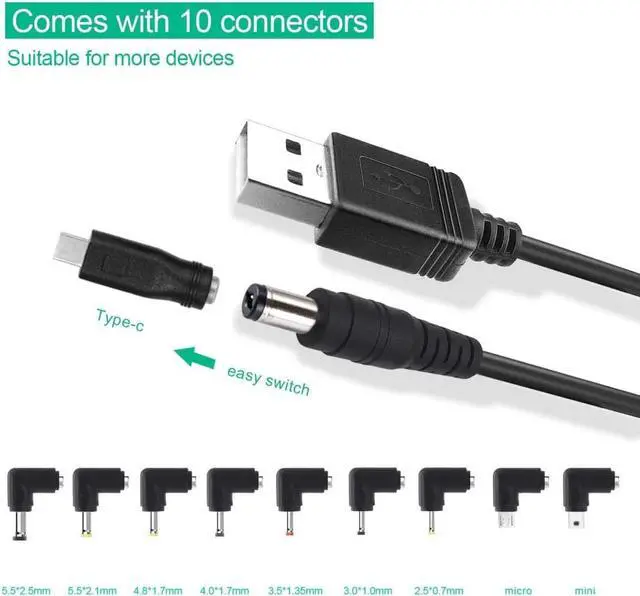 Main image of Universal USB to DC 5.5x2.1mm Plug Power Charging Cable with 10 Connectors for Router, Mini Fan, Speaker, Camera, Smart Phone