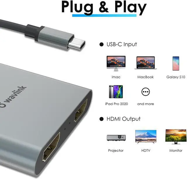 Alt view image 5 of 8 - USB C to Dual HDMI Adapter, Type C to HMDI Adapter, Type-C to HDMI Converter, Supports 4K@60Hz and Dual 4K@30Hz, Aluminum Housing for MacBook/MacBook Pro 2020/2019/2018, MacBook Air, Chromebook Pixel