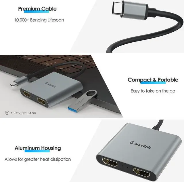 Alt view image 6 of 8 - USB C to Dual HDMI Adapter, Type C to HMDI Adapter, Type-C to HDMI Converter, Supports 4K@60Hz and Dual 4K@30Hz, Aluminum Housing for MacBook/MacBook Pro 2020/2019/2018, MacBook Air, Chromebook Pixel