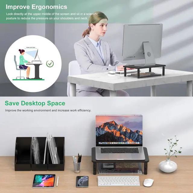Alt view image 5 of 7 - Two Pack Minthouz Monitor stand 14 x 9 inch, 3 Heights Adjustable Monitor Mount for Computer, Laptop, iMac, Printer, Vented Metal Monitor Stand Riser Desk Organizers and Accessories