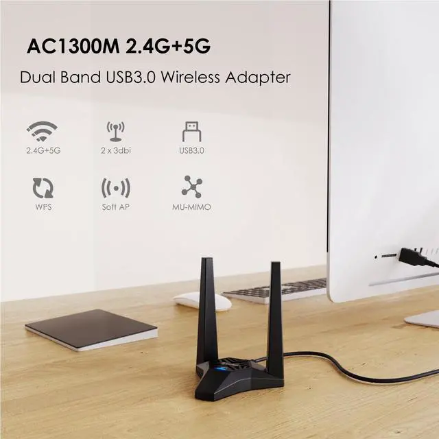 Alt view image 2 of 7 - Wavlink AC1300 Wireless Dual Band USB3.0 Adapter for PC, 1300Mbps WiFi Adapter with 2.4G/400Mbps and 5G/866Mbps, High Gain Dual 3dBi Antennas, MU-MIMO. Magnetic Design Network Card for Desktop, Laptop