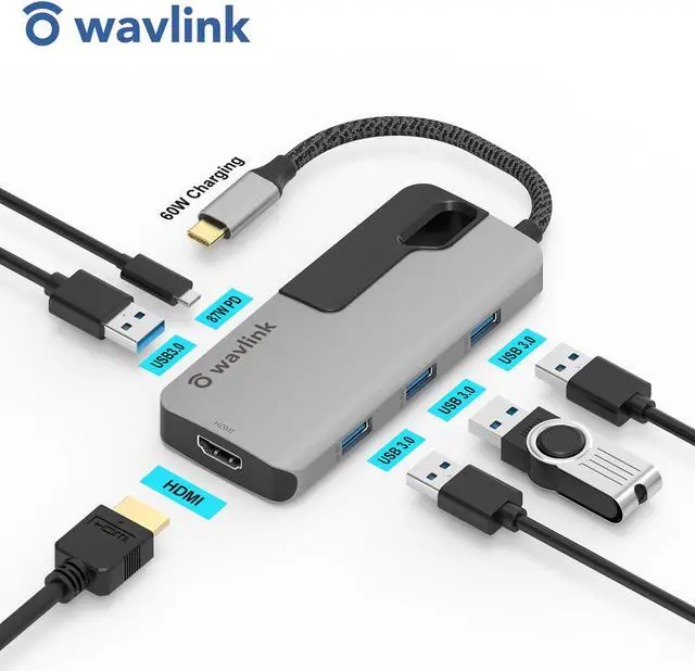 Alt view image 2 of 7 - Wavlink USB C Hub, PD 6-in-1 USB C Adapter, with 87W Laptop Power Delivery, USB-C Port 4K 30Hz HDMI Port, 4 USB 3.0 Ports, for Windows and Mac.