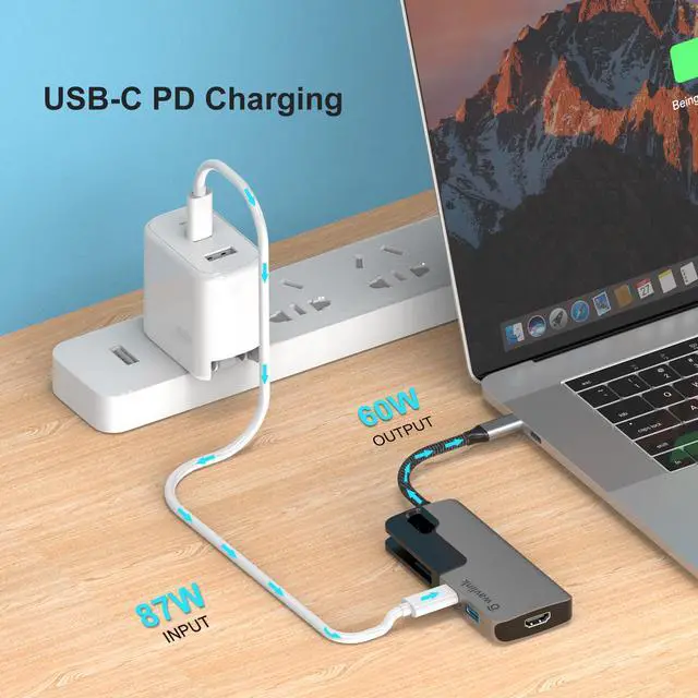 Alt view image 4 of 7 - Wavlink USB C Hub, PD 6-in-1 USB C Adapter, with 87W Laptop Power Delivery, USB-C Port 4K 30Hz HDMI Port, 4 USB 3.0 Ports, for Windows and Mac.