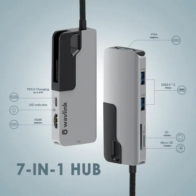 Alt view image 6 of 8 - USB C Hub, USB to HDMI Multiport Hub, Wavlink USB Hub USB Dongle Adapter, 7 in 1 with 4K HDMI Output, 2K 60Hz VGA Port, 2 USB 3.0 Ports SD/Micro SD Card Reader 87W PD, Compatible with MacBook Pro Air