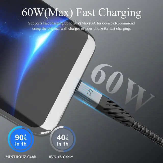 Alt view image 2 of 7 - USB Type C Cable 3A Fast Charging [1-Pack 6ft], Minthouz USB-A to USB-C Charging Cable, Compatible with Samsung Galaxy S10 S9 S8 Plus Note 9 8, Huawei, Moto Z Z2, LG V30 V20, Nylon-Braided-Grey