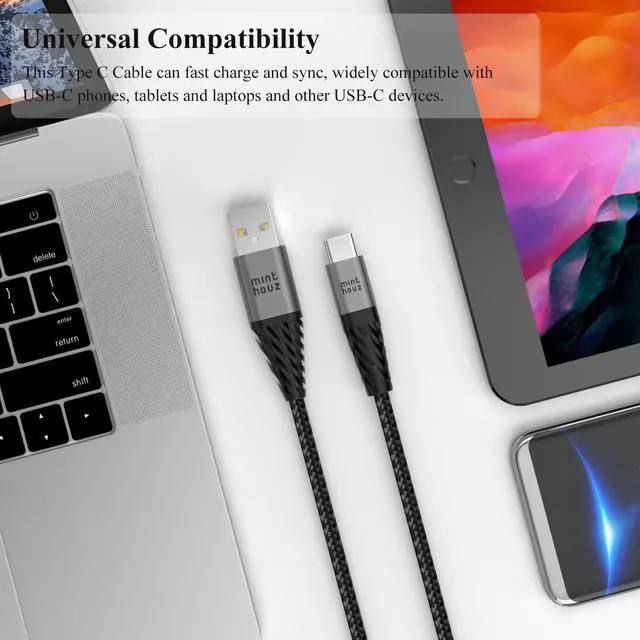 Alt view image 5 of 7 - USB Type C Cable 3A Fast Charging [1-Pack 6ft], Minthouz USB-A to USB-C Charging Cable, Compatible with Samsung Galaxy S10 S9 S8 Plus Note 9 8, Huawei, Moto Z Z2, LG V30 V20, Nylon-Braided-Grey