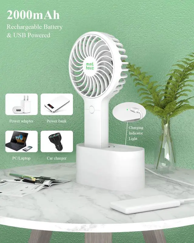 Alt view image 7 of 8 - Mini Fan, USB Fan, Minthouz 90°Automatic Head Shaking Fan with a Rotating Base, 3 Speed Adjustable USB Desk/ Portable Handheld Fan, USB Rechargeable Mute Fan with 3 Speeds and 2000mAh Built-in Battery