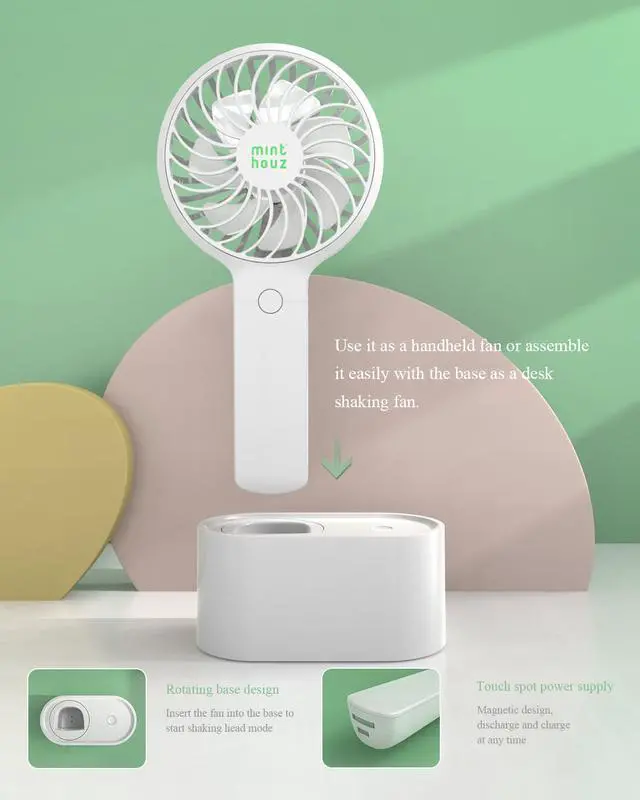 Alt view image 6 of 8 - Mini Fan, USB Fan, Minthouz 90°Automatic Head Shaking Fan with a Rotating Base, 3 Speed Adjustable USB Desk/ Portable Handheld Fan, USB Rechargeable Mute Fan with 3 Speeds and 2000mAh Built-in Battery
