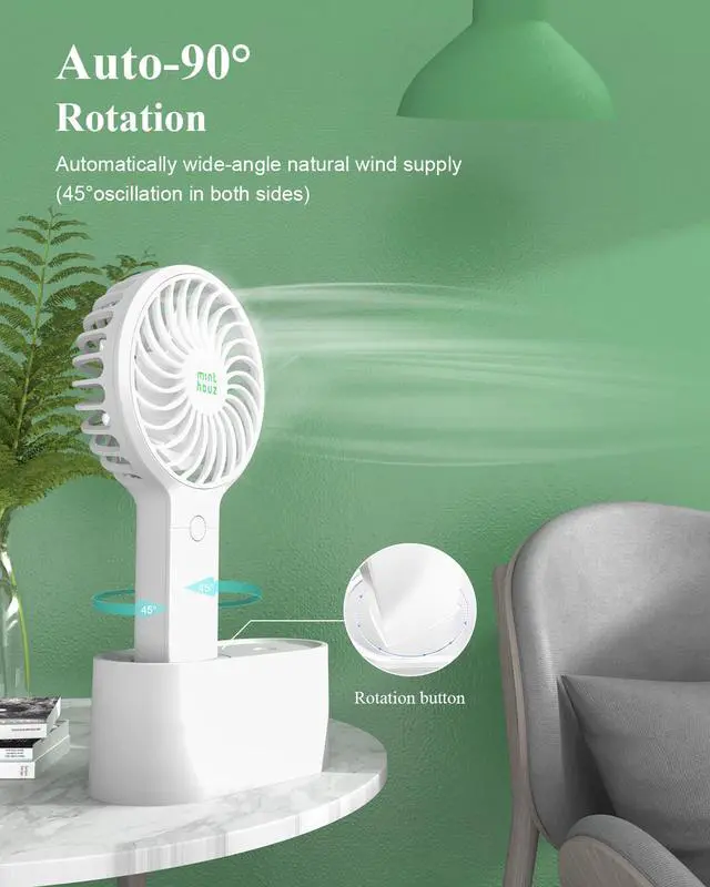 Alt view image 3 of 8 - Mini Fan, USB Fan, Minthouz 90°Automatic Head Shaking Fan with a Rotating Base, 3 Speed Adjustable USB Desk/ Portable Handheld Fan, USB Rechargeable Mute Fan with 3 Speeds and 2000mAh Built-in Battery