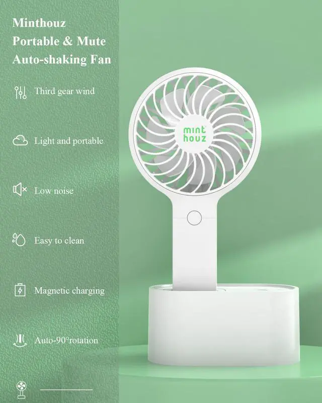 Alt view image 2 of 8 - Mini Fan, USB Fan, Minthouz 90°Automatic Head Shaking Fan with a Rotating Base, 3 Speed Adjustable USB Desk/ Portable Handheld Fan, USB Rechargeable Mute Fan with 3 Speeds and 2000mAh Built-in Battery