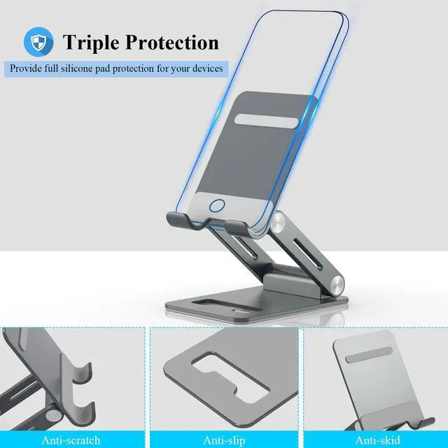Alt view image 6 of 7 - Minthouz Adjustable & Foldable Z-type Aluminum Mobile Phone Holder with Anti-Slip Base and Convenient Charging Port, Compatible with iPhone 16-11 series and more 4.7''-7.9'' Phone - Gray