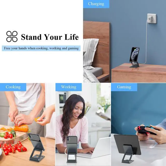 Alt view image 3 of 7 - Minthouz Adjustable & Foldable Z-type Aluminum Mobile Phone Holder with Anti-Slip Base and Convenient Charging Port, Compatible with iPhone 16-11 series and more 4.7''-7.9'' Phone - Gray