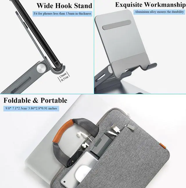 Alt view image 7 of 7 - Minthouz Adjustable & Foldable Z-type Aluminum Mobile Phone Holder with Anti-Slip Base and Convenient Charging Port, Compatible with iPhone 16-11 series and more 4.7''-7.9'' Phone - Gray