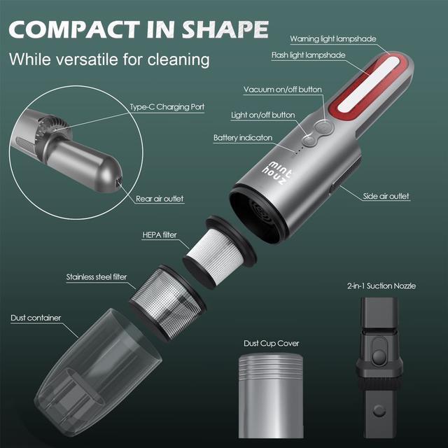 Alt view image 3 of 7 - Minthouz Portable Cordless Handheld Vacuum Cleaner, Strong Suction Car Vacuum Cordless Rechargeable Dust Buster, Mini Hand Held Vacuum Cleaner with LED, Hand Vacuum for Car, Home & Pet Hair - USB C