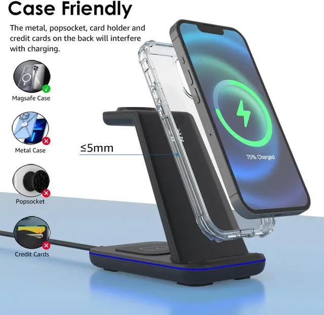 Alt view image 5 of 7 - Minthouz Wireless Charger,3 in 1 Fast Wireless Charging Station with 20W Adapter for Multiple Devices Apple Watch, AirPods, Compatible with iPhone 16/15/14/13/12/11 Series, Samsung