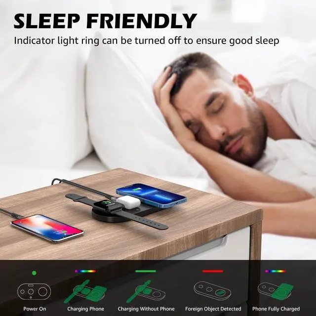Alt view image 6 of 7 - Minthouz 4 in 1 Wireless Charger, 18W Fast Wireless Charging Station for iPhone14/13/12/11/XR/X/8 Series/Samsung Phone, Wireless Charging Pad Compatible with Apple Watch, AirPods