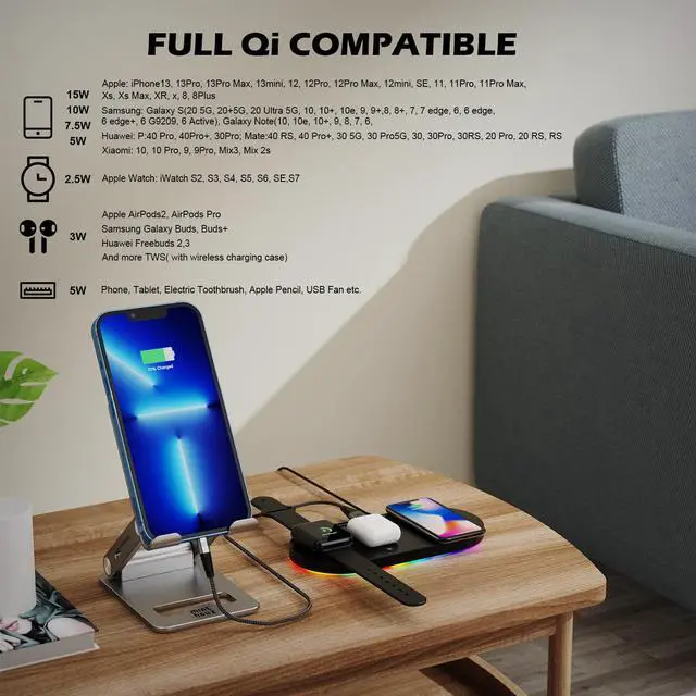 Alt view image 3 of 7 - Minthouz 4 in 1 Wireless Charger, 18W Fast Wireless Charging Station for iPhone14/13/12/11/XR/X/8 Series/Samsung Phone, Wireless Charging Pad Compatible with Apple Watch, AirPods
