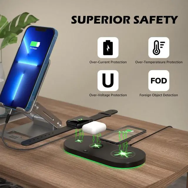 Alt view image 7 of 7 - Minthouz 4 in 1 Wireless Charger, 18W Fast Wireless Charging Station for iPhone14/13/12/11/XR/X/8 Series/Samsung Phone, Wireless Charging Pad Compatible with Apple Watch, AirPods