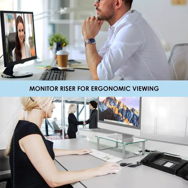 Alt view image 3 of 7 - Minthouz Monitor Stand Riser, 15.7 x 9.4 in., Up to 44LBS, Clear Tempered Glass Computer Monitor Riser for Flat Screen LCD LED TV, Laptop/Notebook/Xbox One