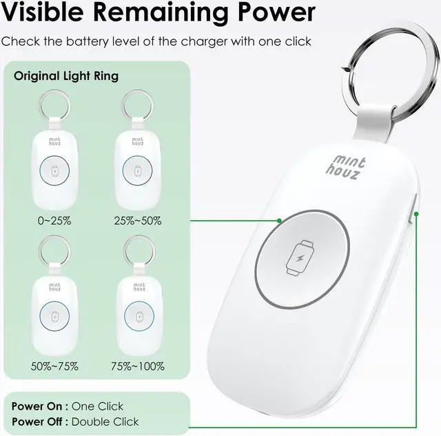 Alt view image 5 of 7 - Minthouz Upgraded Portable Watch Charger for Apple Watch, 1000mAh Travel Watch Charger with Keychain, Designed for iWatch S2/3/4/5/6/7/8/SE/SE2/Ultra, Magnetic Fast Charging, 4-Gear Light Ring