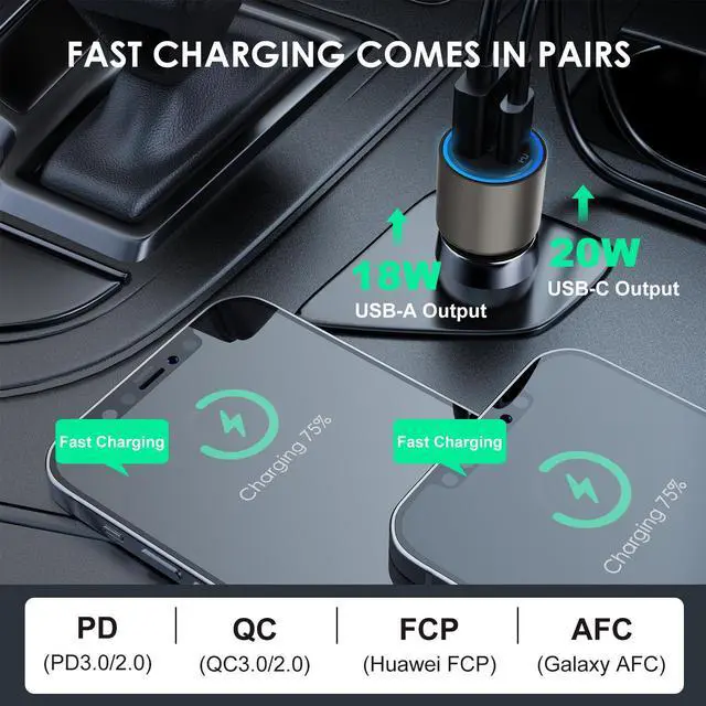 Alt view image 2 of 7 - Car Charger, Minthouz 38W Dual Port Fast USB PD3.0&QC3.0 Car Charger, Type C Metal Compact Power Adapter, for iPhone12 /Pro/ Pro Max, AirPods, iPad, Samsung S20, Note 20, Nintendo Switch and more-Grey