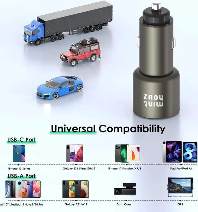 Alt view image 5 of 7 - Car Charger, Minthouz 38W Dual Port Fast USB PD3.0&QC3.0 Car Charger, Type C Metal Compact Power Adapter, for iPhone12 /Pro/ Pro Max, AirPods, iPad, Samsung S20, Note 20, Nintendo Switch and more-Grey