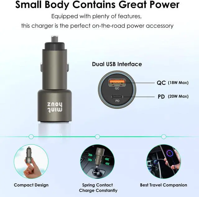 Alt view image 7 of 7 - Car Charger, Minthouz 38W Dual Port Fast USB PD3.0&QC3.0 Car Charger, Type C Metal Compact Power Adapter, for iPhone12 /Pro/ Pro Max, AirPods, iPad, Samsung S20, Note 20, Nintendo Switch and more-Grey