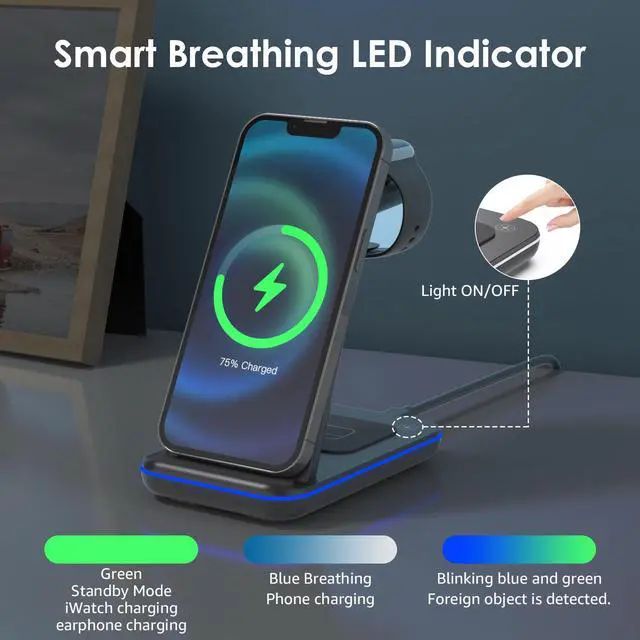 Alt view image 6 of 7 - Minthouz Wireless Charger,3 in 1 Fast Wireless Charging Station with 20W Adapter for Multiple Devices Apple Watch, AirPods, Compatible with iPhone 16/15/14/13/12/11 Series, Samsung