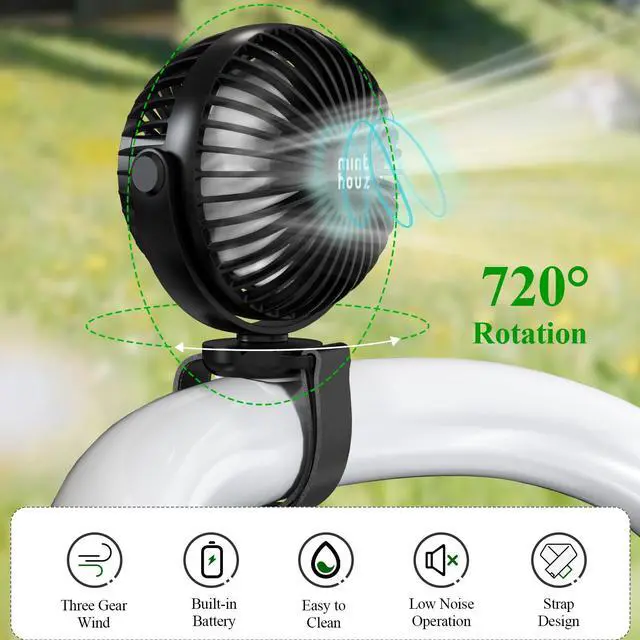 Alt view image 2 of 7 - Minthouz Stroller Fan with Flexible Velcro Strap, 2000mAh USB Rechargeable Battery Fan with 3 Speeds, Portable Personal Fan for Baby/Stroller/Travel/Car Seat/Camping/Bike-Black