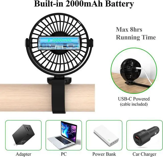 Alt view image 4 of 7 - Minthouz Stroller Fan with Flexible Velcro Strap, 2000mAh USB Rechargeable Battery Fan with 3 Speeds, Portable Personal Fan for Baby/Stroller/Travel/Car Seat/Camping/Bike-Black