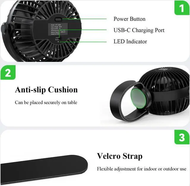 Alt view image 5 of 7 - Minthouz Stroller Fan with Flexible Velcro Strap, 2000mAh USB Rechargeable Battery Fan with 3 Speeds, Portable Personal Fan for Baby/Stroller/Travel/Car Seat/Camping/Bike-Black
