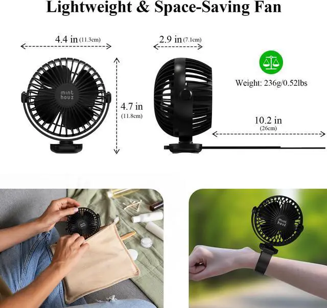 Alt view image 6 of 7 - Minthouz Stroller Fan with Flexible Velcro Strap, 2000mAh USB Rechargeable Battery Fan with 3 Speeds, Portable Personal Fan for Baby/Stroller/Travel/Car Seat/Camping/Bike-Black