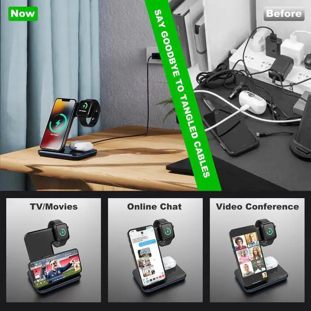 Alt view image 5 of 7 - Minthouz 3 in 1 Wireless Charger, 18W Fast Wireless Charging Station for Multiple Devices Apple Watch, AirPods, Wireless Charger Stand Compatible with iPhone 16/15/14/13/12/11 Series, Samsung