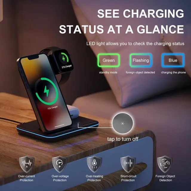 Alt view image 6 of 7 - Minthouz 3 in 1 Wireless Charger, 18W Fast Wireless Charging Station for Multiple Devices Apple Watch, AirPods, Wireless Charger Stand Compatible with iPhone 16/15/14/13/12/11 Series, Samsung