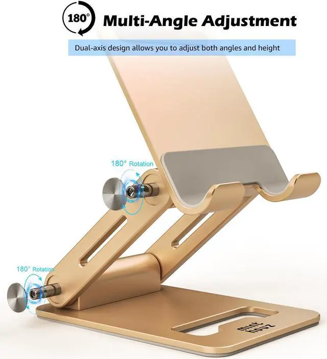 Alt view image 2 of 7 - Minthouz Adjustable & Foldable Z-type Aluminum Mobile Phone Stand with Anti-Slip Base and Convenient Charging Port, Compatible with iPhone 16-11 series and more 4.7''-7.9'' Phones - Gold