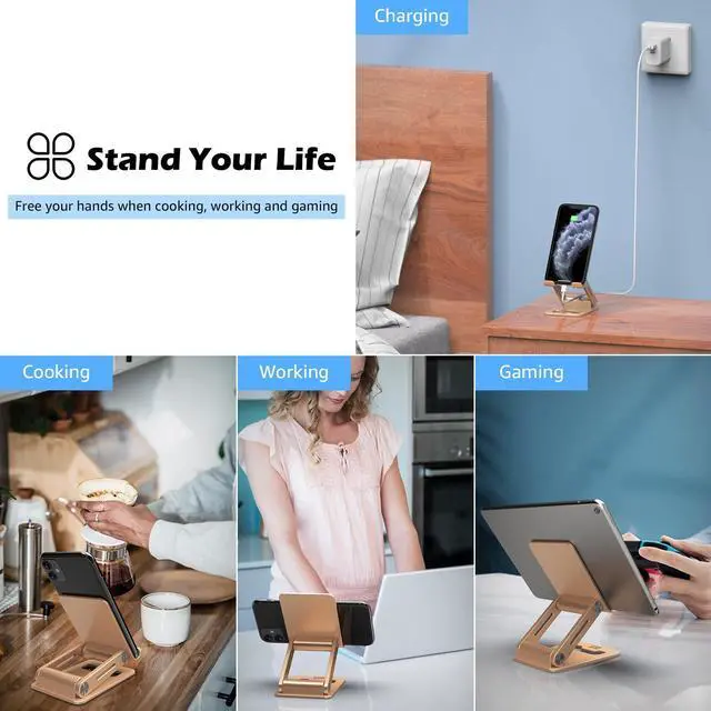 Alt view image 3 of 7 - Minthouz Adjustable & Foldable Z-type Aluminum Mobile Phone Stand with Anti-Slip Base and Convenient Charging Port, Compatible with iPhone 16-11 series and more 4.7''-7.9'' Phones - Gold