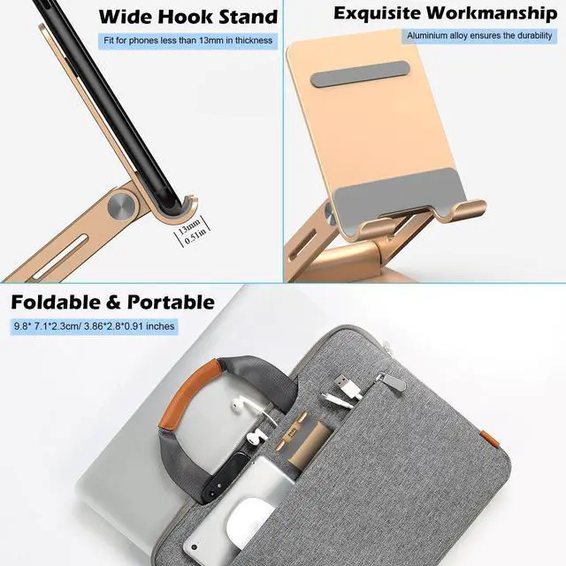 Alt view image 6 of 7 - Minthouz Adjustable & Foldable Z-type Aluminum Mobile Phone Stand with Anti-Slip Base and Convenient Charging Port, Compatible with iPhone 16-11 series and more 4.7''-7.9'' Phones - Gold