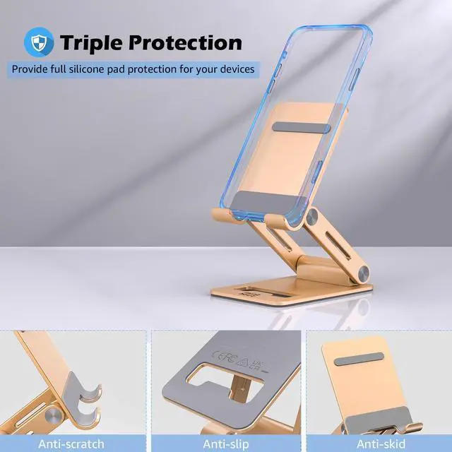 Alt view image 7 of 7 - Minthouz Adjustable & Foldable Z-type Aluminum Mobile Phone Stand with Anti-Slip Base and Convenient Charging Port, Compatible with iPhone 16-11 series and more 4.7''-7.9'' Phones - Gold
