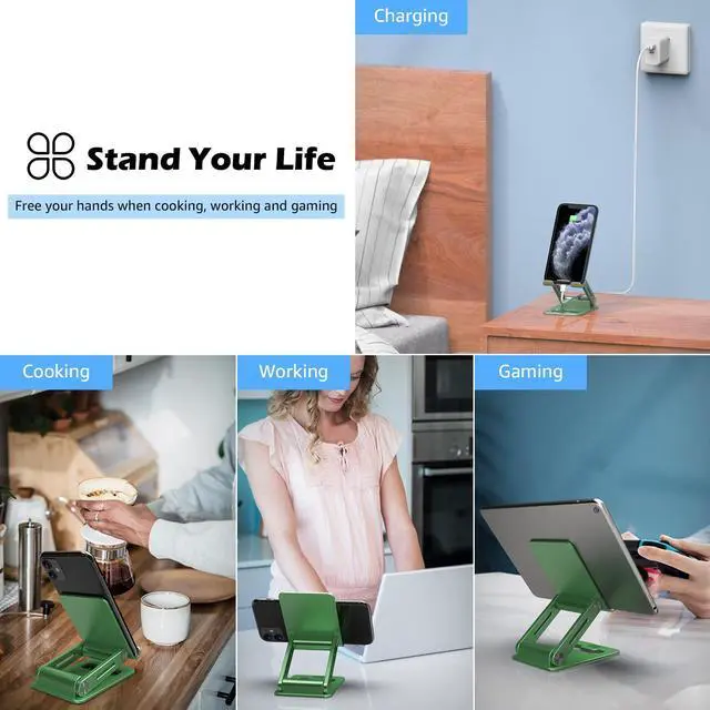 Alt view image 3 of 7 - Minthouz Adjustable & Foldable Z-type Aluminum Mobile Phone Stand with Anti-Slip Base and Convenient Charging Port, Compatible with iPhone 16-11 series and more 4.7''-7.9'' Phones - Green