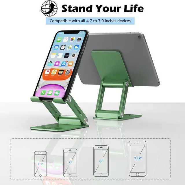 Alt view image 4 of 7 - Minthouz Adjustable & Foldable Z-type Aluminum Mobile Phone Stand with Anti-Slip Base and Convenient Charging Port, Compatible with iPhone 16-11 series and more 4.7''-7.9'' Phones - Green