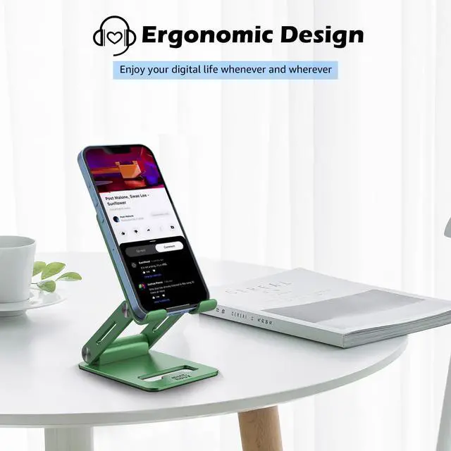 Alt view image 5 of 7 - Minthouz Adjustable & Foldable Z-type Aluminum Mobile Phone Stand with Anti-Slip Base and Convenient Charging Port, Compatible with iPhone 16-11 series and more 4.7''-7.9'' Phones - Green